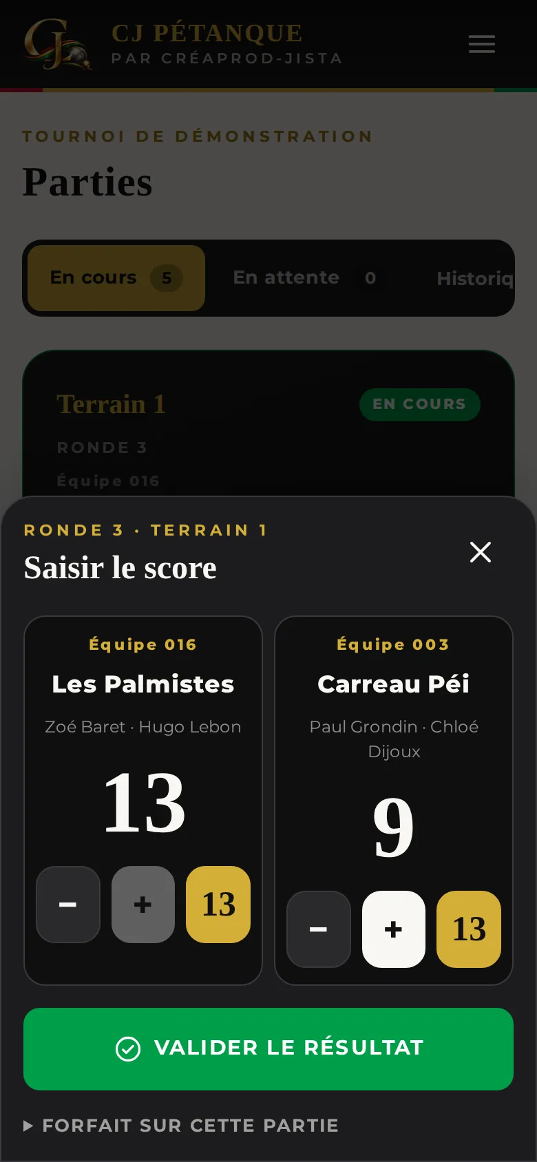 Saisie du score d'une partie sur téléphone dans CJ PÉTANQUE